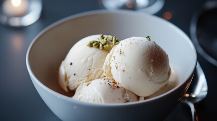 White bowl filled with three scoops of vanilla ice cream. the ice cream is topped with a sprinkle of pistachios and a drizzle of chocolate sauce.