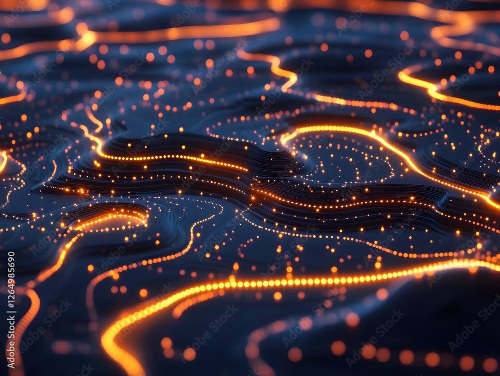 Poster abstract topographic map with glowing orange lines and dots on a dark blue background