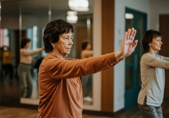 Fototapeta premium Senior women practicing Tai Chi indoors