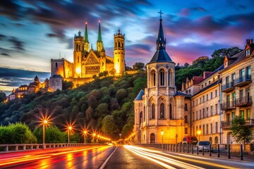 Naklejka premium Lyon France, Notre Dame de Fourvière Basilica Long Exposure Night Photography