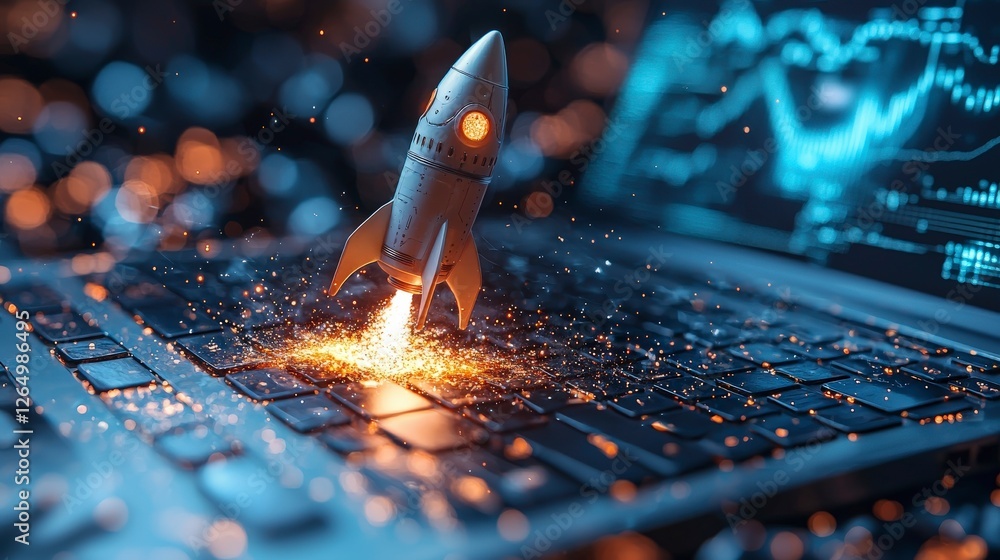 Poster An imaginative depiction of a rocket launching from a keyboard, representing the fusion of digital technology and the aspiration of exploration and innovation in the modern world.