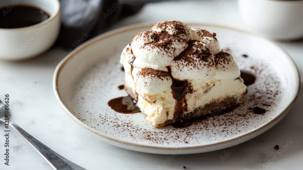 Poster dessert on a white plate with a fork on the side. the dessert appears to be a slice of cheesecake wi