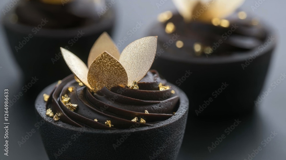 Poster three small black cupcakes with chocolate frosting on top. the cupcakes are arranged in a row and ar