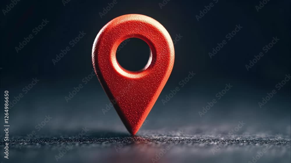 Poster a close-up of a red location pin or map marker on a dark surface, emphasizing its shape and texture.