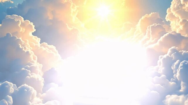 Ladder or way heavens gate in paradise. After life concept. Stairs to heaven in beautiful blue cloudy sky. God light. Stairway through clouds leading to heavenly light in spiritual fantasy. Religion.