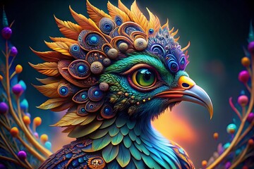 Fototapeta premium Macro Bohemian Paisley Bird: Blue Jewel-Toned Feathers & Intricate Patterns