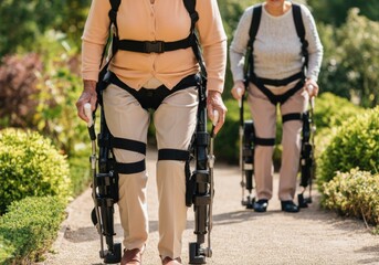 Seniors using exoskeletons in garden path