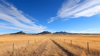 Fototapeta premium Golden Grassy Field With Dirt Path And Distant Hills Under Blue Sky