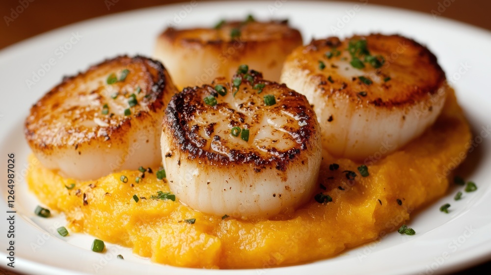 Poster three scallops on a white plate. the scalls are cooked to a golden brown color and have a crispy tex