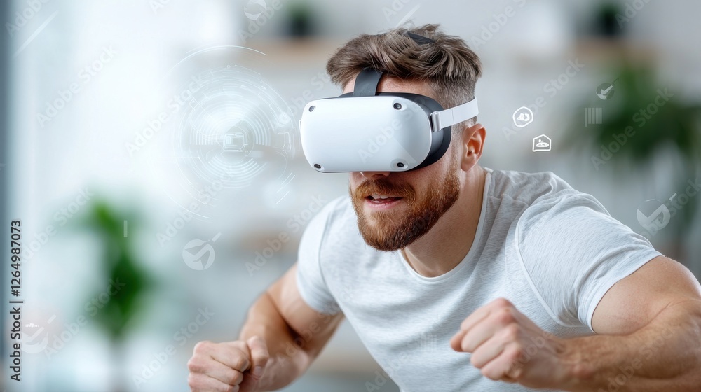 Poster tech driven home fitness scene showing a man deeply engaged in a virtual reality workout and exercis