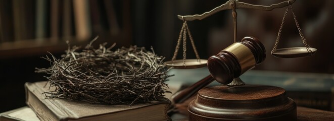 The Bible and judge's gavel represent moral judgment and spirituality.