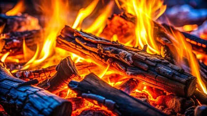 Macro Campfire Flames: Close-up Burning Wood Embers at Night
