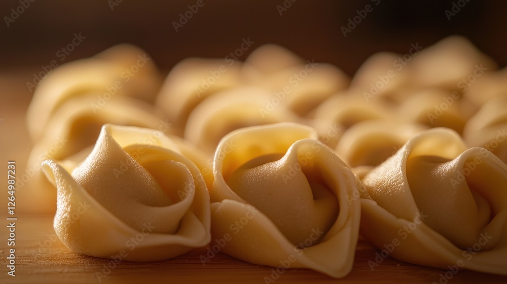 Poster group of dumplings arranged in a row on a wooden surface. the dumpling shells are light yellow in co