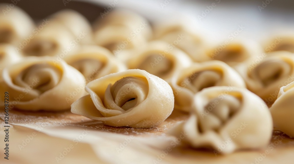 Poster close-up of a group of small, round, light-colored tortellini shells arranged in a circular pattern 