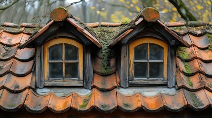 Obraz premium Mossy dormer windows, autumn forest, rustic roof, fairytale feel, website design