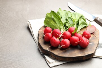 Many fresh radishes on grey textured table, closeup. Space for text