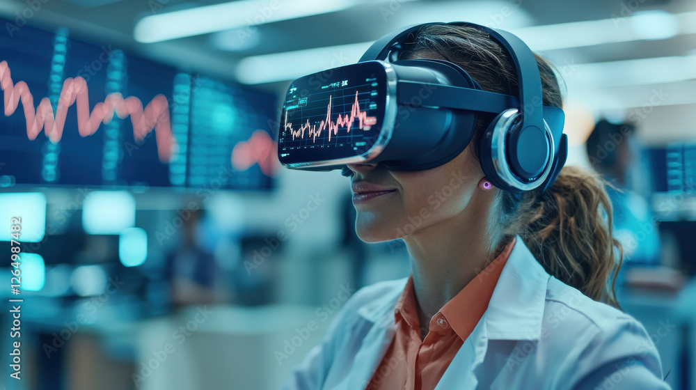 Poster bitcoin and digital health concept, heartbeat and ai trading theme, vr trader wearing high tech head