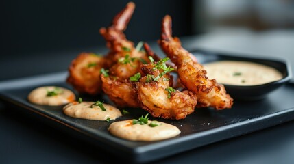 Fototapeta premium Black rectangular plate with three pieces of fried shrimp on it. the shrimp are golden brown and appear to be crispy on the outside. they are garnished with chopped green herbs.