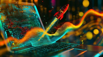 This vivid imagery depicts a rocket launching from a sleek laptop, combined with colorful digital waves, representing the intersection of technology and human aspirations.