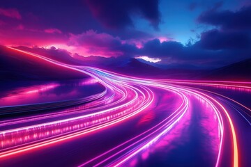 Obraz premium A long, curvy road with a purple sky in the background