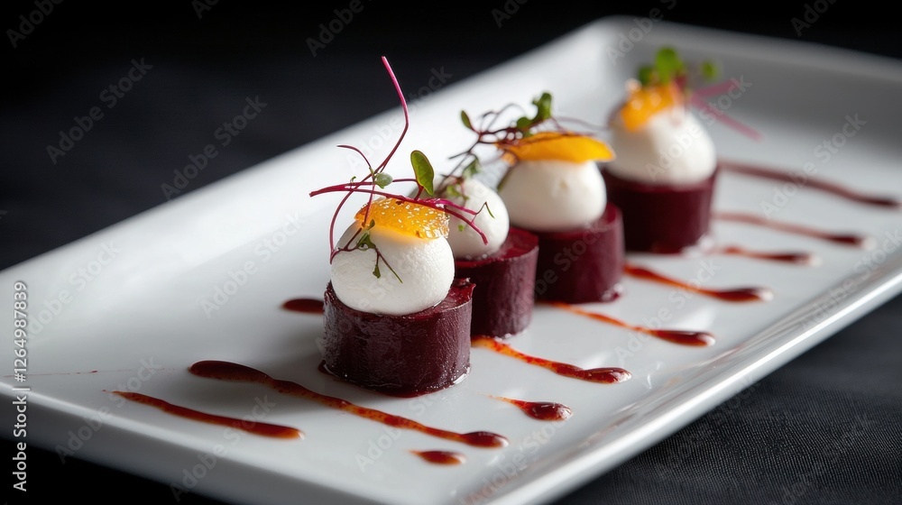Poster white rectangular plate with four small appetizers on it. the appetizers are arranged in a row and e