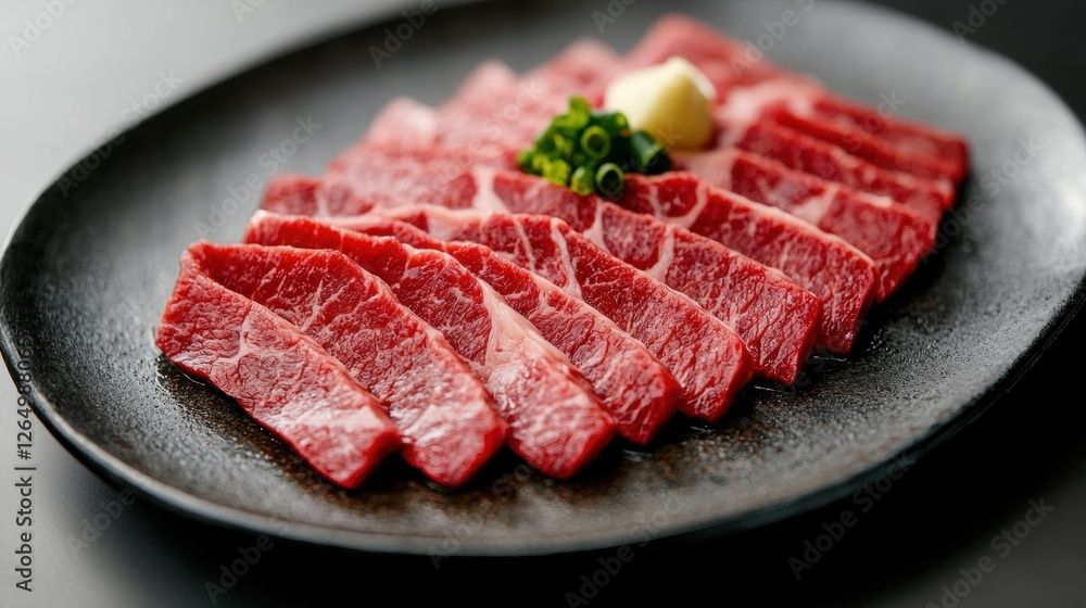 Poster black plate with a sliced piece of raw beef on it. the beef appears to be thinly sliced and arranged
