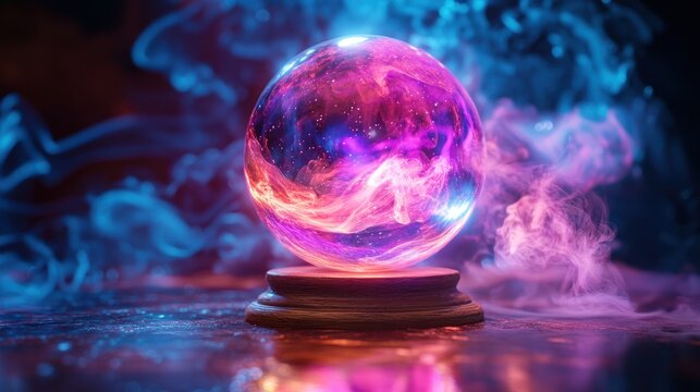 Mystic crystal ball glows, smoky background, fortune telling