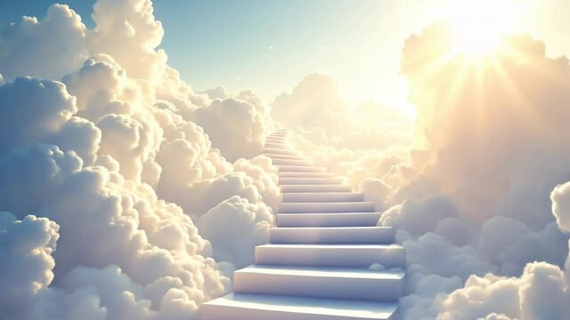 Ladder or way heavens gate in paradise. After life concept. Stairs to heaven in beautiful blue cloudy sky. God light. Stairway through clouds leading to heavenly light in spiritual fantasy. Religion.