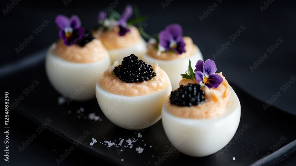 Poster black rectangular plate with four deviled eggs on it. the eggs are white and have a smooth texture. 