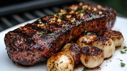 Plate of food with a large piece of steak on it. the steak appears to be cooked medium-rare and has a dark brown crust on the outside.
