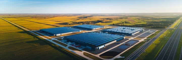 Aerial View of a Large Industrial Data Centers topped with solar panels. Cloud Computing, Data Storage, and Technological Infrastructure.