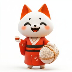 A cute cat in a red and white outfit holding a basket of rice