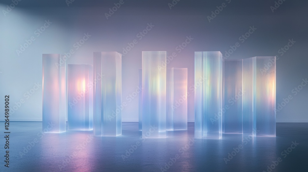 Poster group of six tall, rectangular glass blocks arranged in a row on a concrete floor. the blocks are of