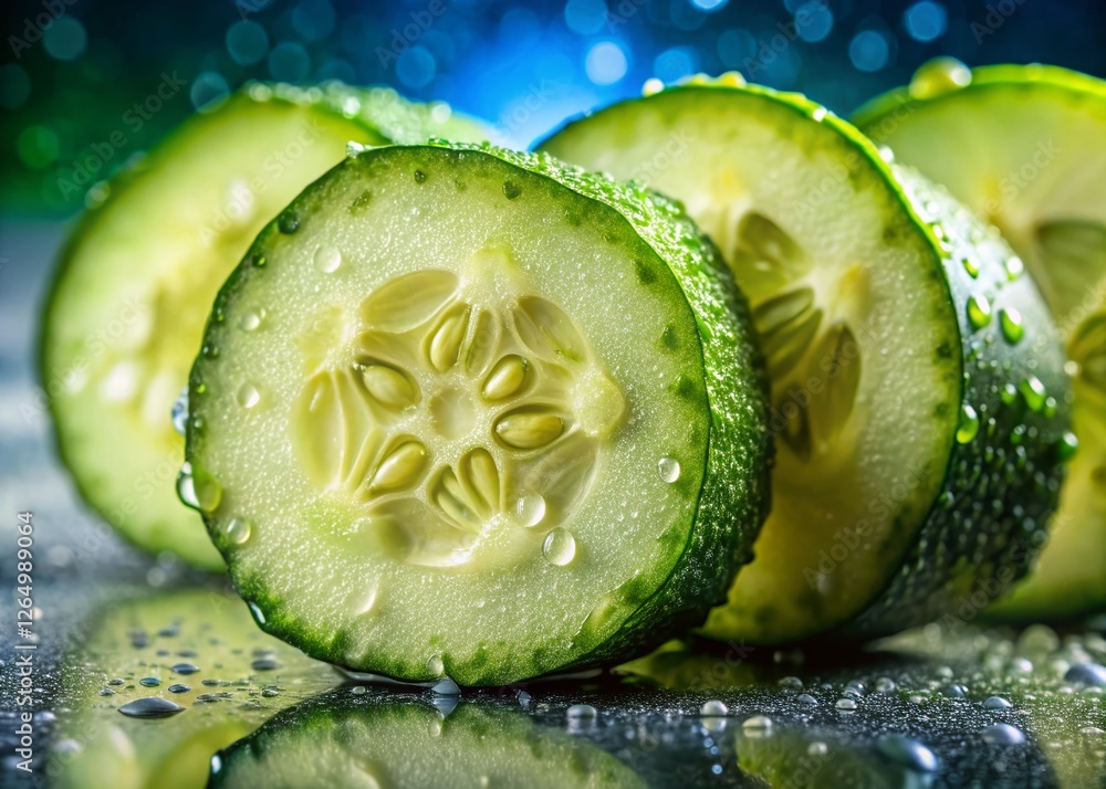 Poster macro close-up of sliced cucumber pattern - vibrant green food background