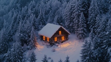 Cozy Cabin Glow Amidst Snowy Pines