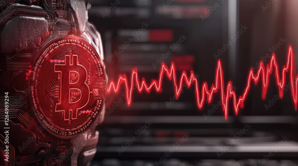 Poster bitcoin heartbeat and ai trading theme, high frequency trading ai analyzing bitcoin data with heartb