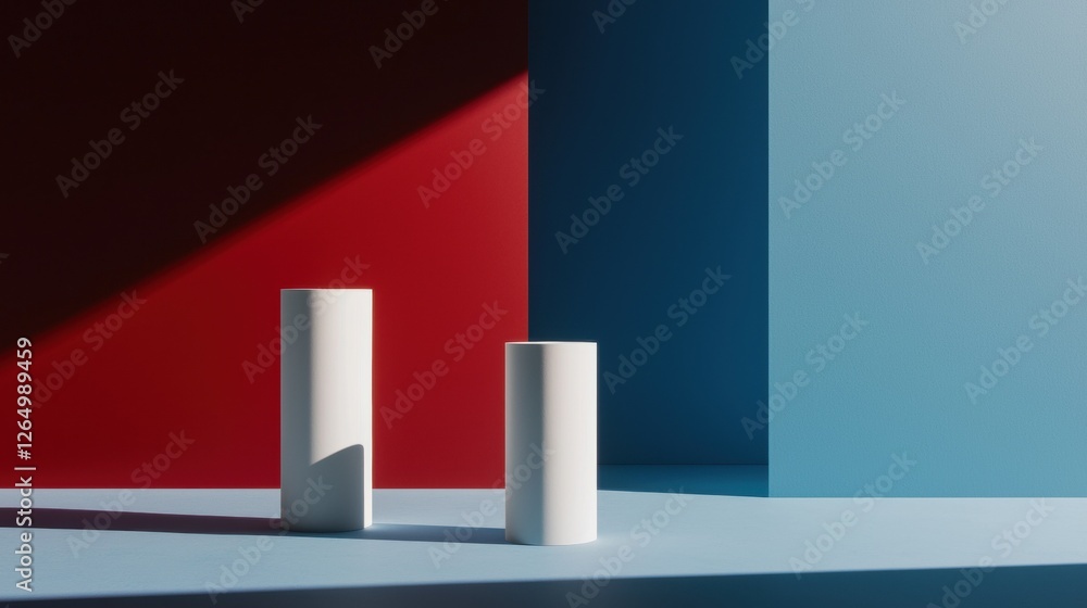 Poster Two white cylindrical objects on a blue surface. the objects are placed side by side, facing each other. the background is a combination of red and blue colors, creating a gradient effect.