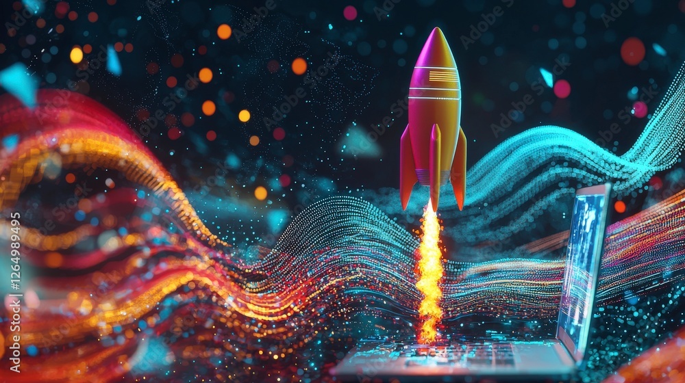 Poster a striking image of a rocket launching from a laptop, accentuated with swirling digital waves, symbo