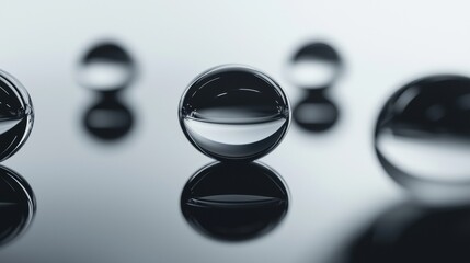 Group of six spherical objects arranged in a row on a reflective surface. the objects appear to be made of glass or a similar material and are of different sizes and shapes.