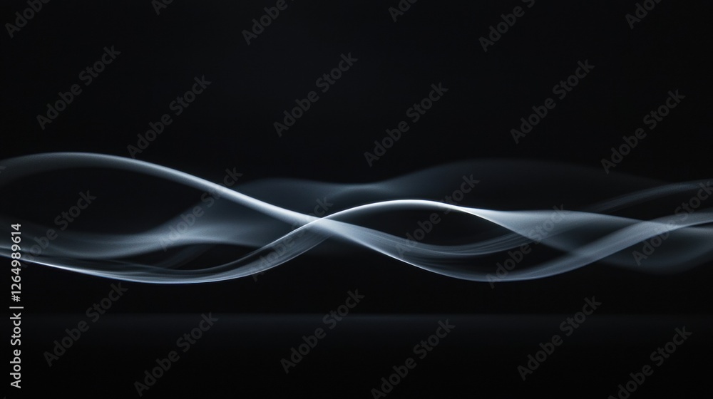 Poster black background with a white wave-like shape in the center. the wave appears to be made up of thin,