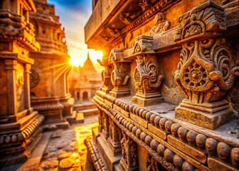 Fototapeta premium Macro Detail of Ancient Oriental City Architecture - Intricate Carvings & Stonework