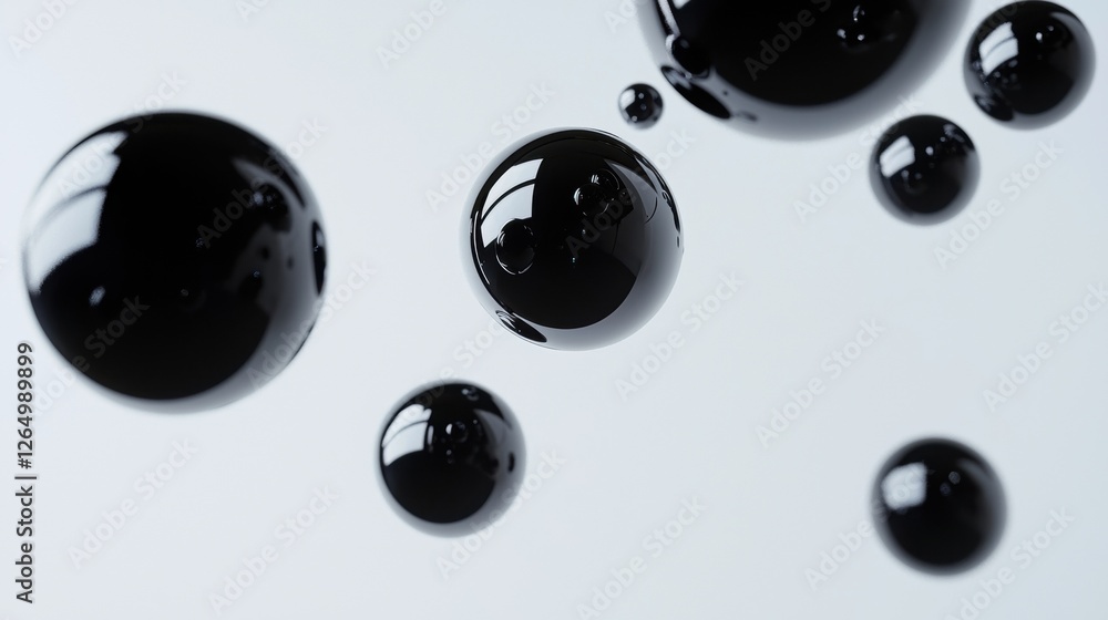 Poster group of nine black spheres floating in the air. the spheres are of different sizes and shapes, with
