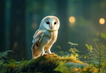 Serene Barn Owl: Majestic gaze, mossy perch, enchanting forest backdrop.