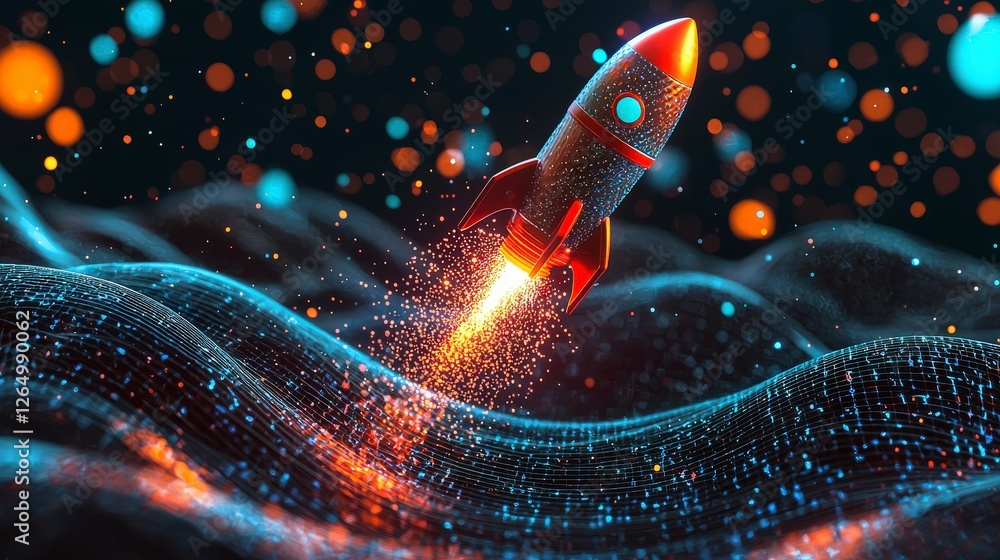Poster a captivating scene of a rocket ascending through luminous abstract waves, symbolizing the hope and 
