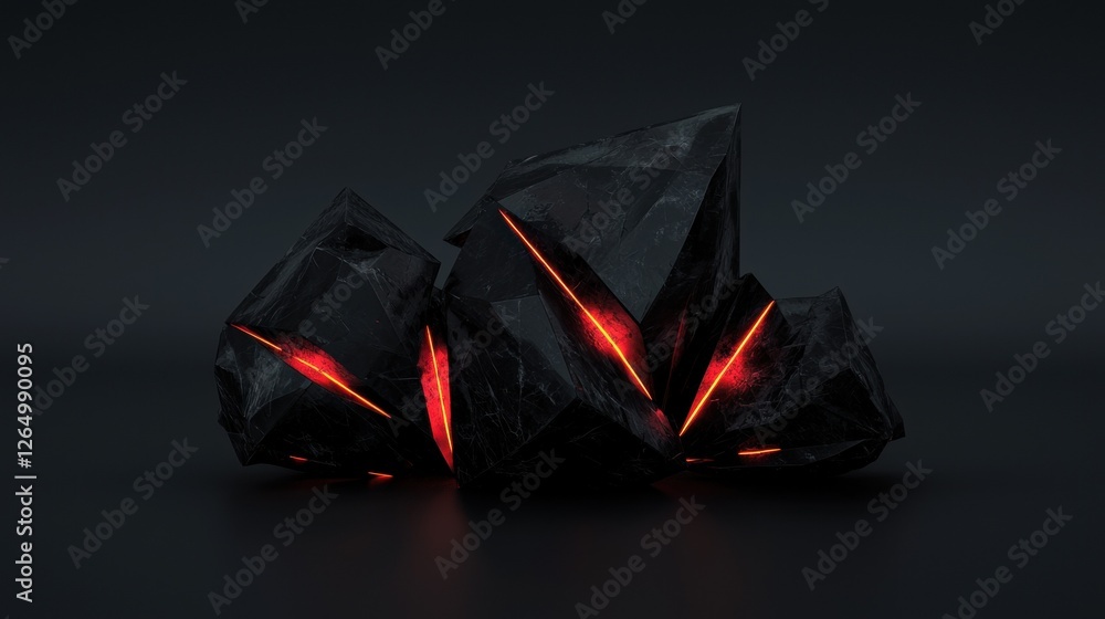 Poster 3d rendering of three black crystals on a dark background. the crystals are arranged in a triangular