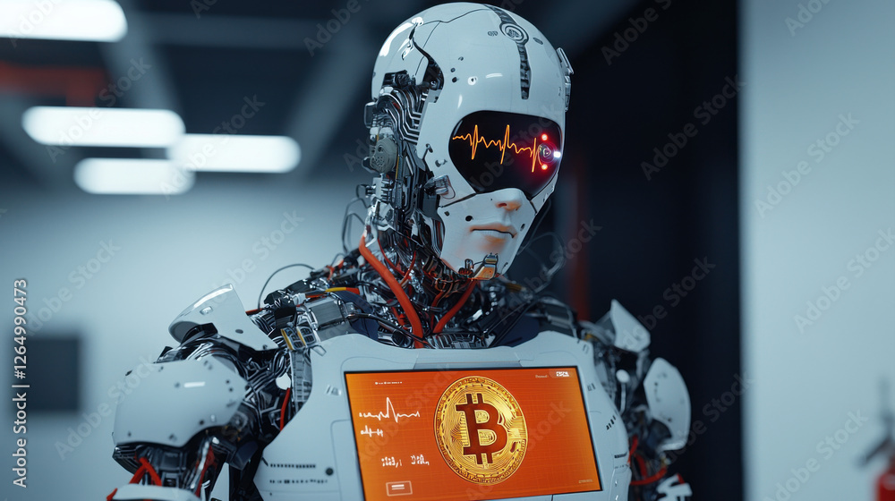 Poster bitcoin heartbeat and ai trading theme, humanoid robot analyzing cryptocurrency trends with bitcoin 