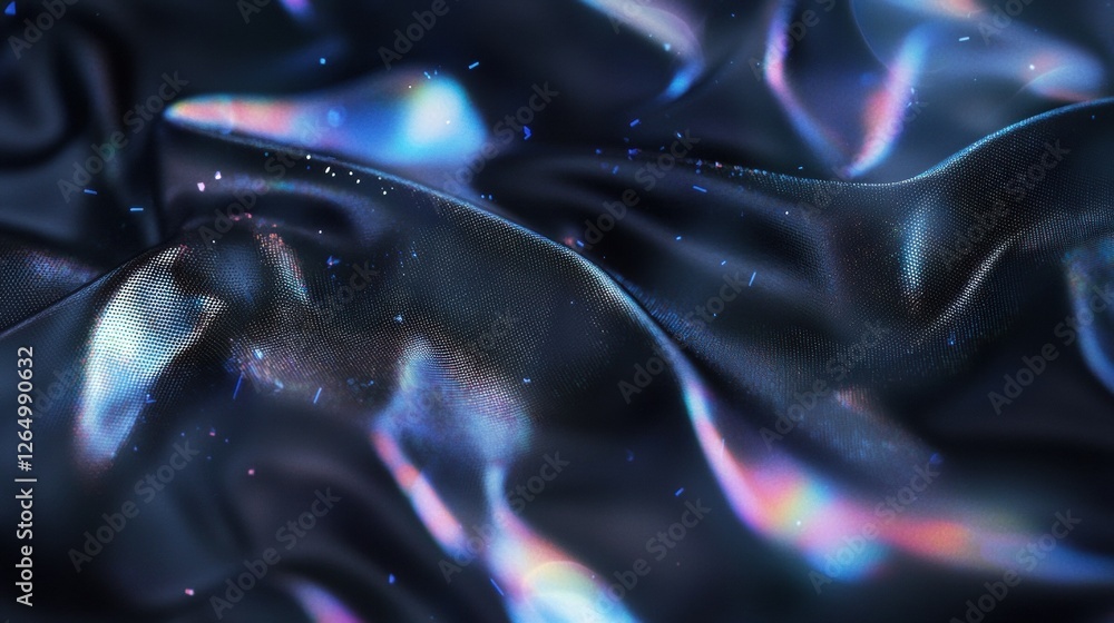 Poster close-up of a dark fabric with a shiny and iridescent texture. the fabric appears to be made of a si