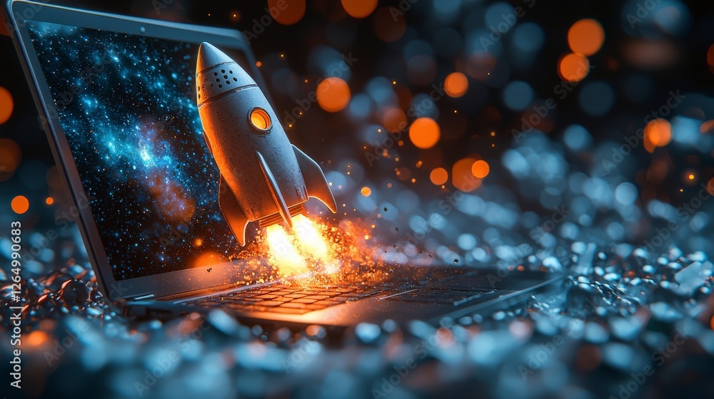Poster a colorful retro rocket is depicted taking off from an open laptop, encapsulating the blend of techn