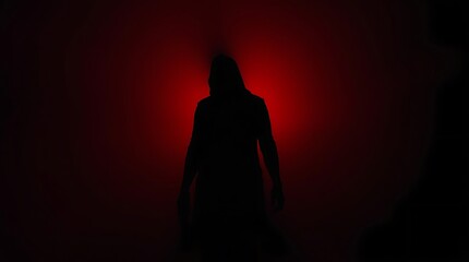 Generative AI Sinister Figure Silhouette in Red Light silhouette figure hooded red shadow dark person standing ominous mystery fear mystery danger suspense evil  - Drive engagement.