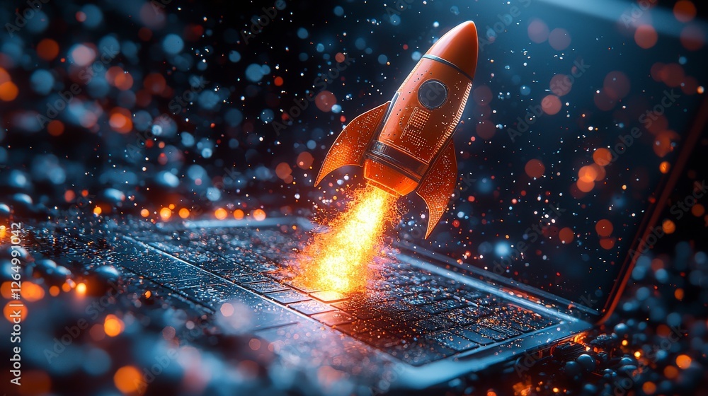 Poster this image features a dynamic rocket blasting off from a computer keyboard, symbolizing power and in